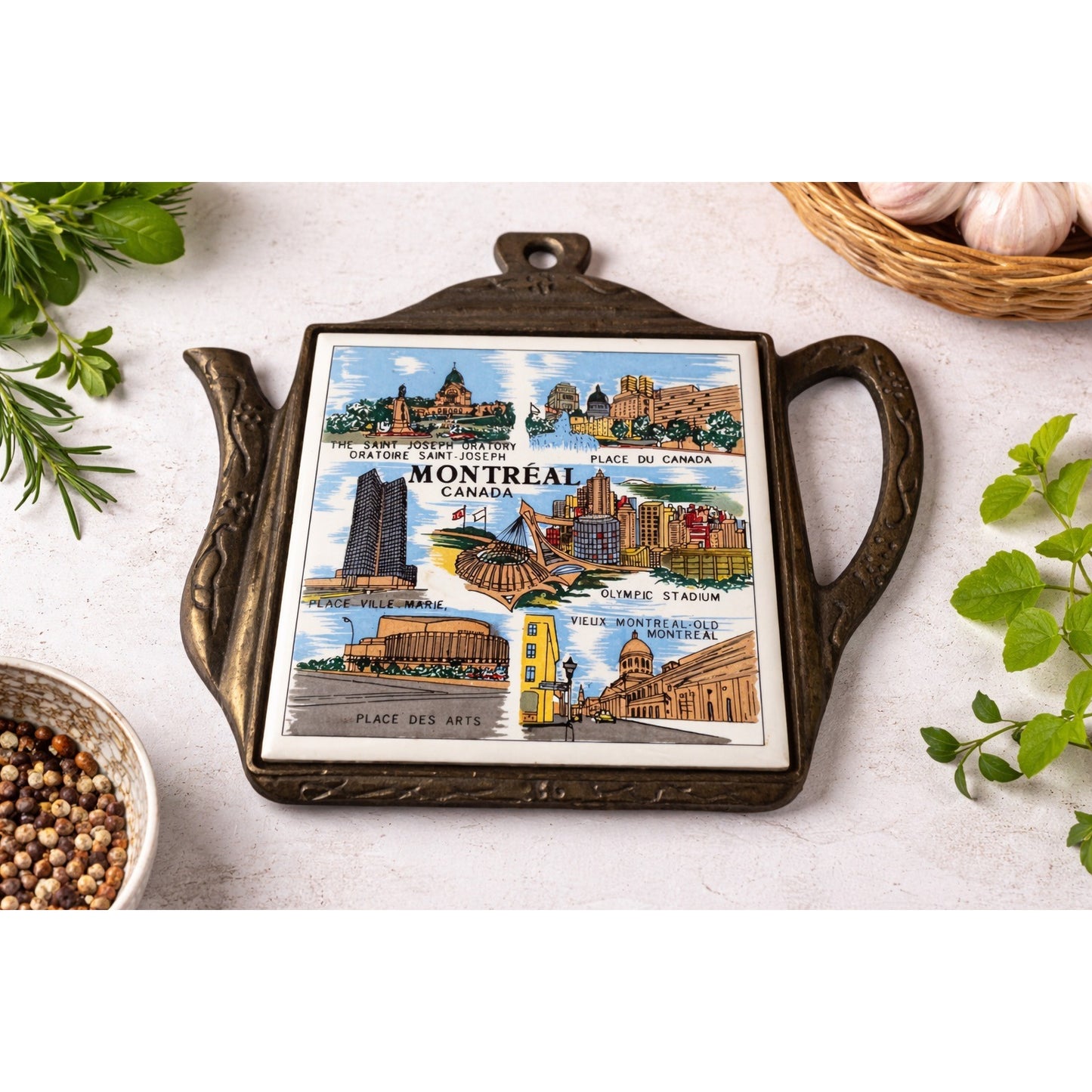 Vintage Montreal Canada Teapot Trivet Cast Metal Frame Ceramic Tile Souvenir