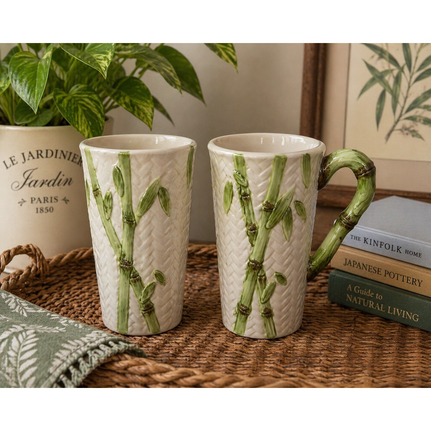 Vintage Bamboo Rattan Hand Painted Mug Set of 2 Cardinal Inc Tall Latte Cups Tropical Ceramic