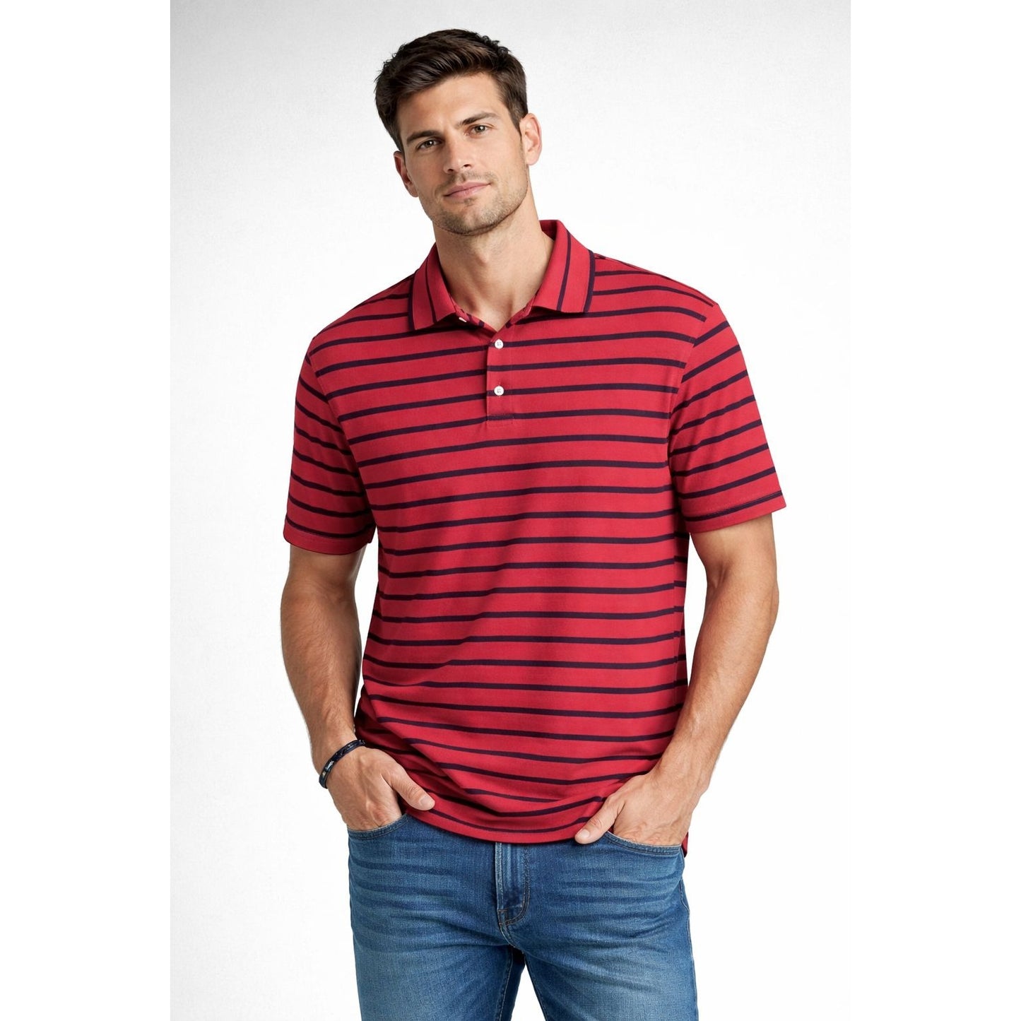 Cremeux Men’s XL Coral Red Navy Striped Polo Shirt Performance Short Sleeve
