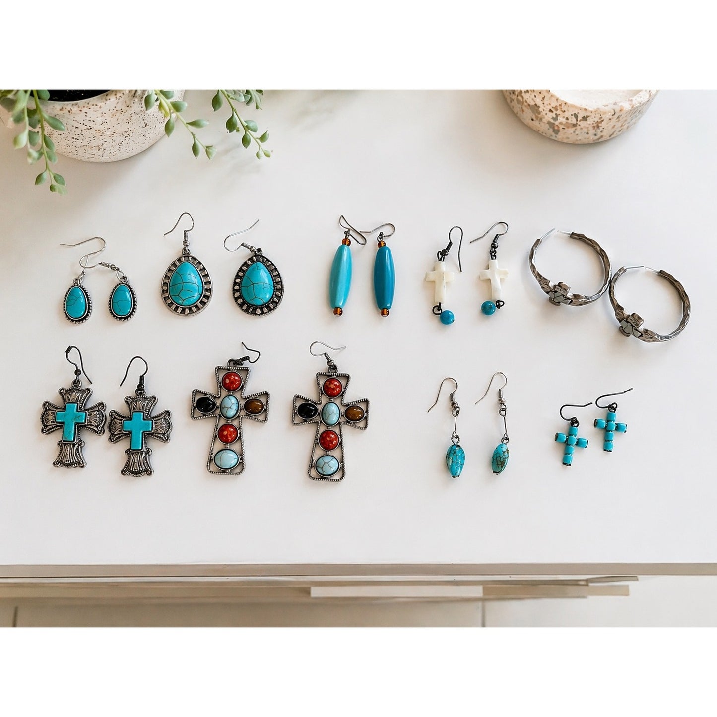 Vintage Earrings Lot 9 Pairs Southwestern Style Cross Turquoise Mixed Metal Dangle Hoop Boho Bundle