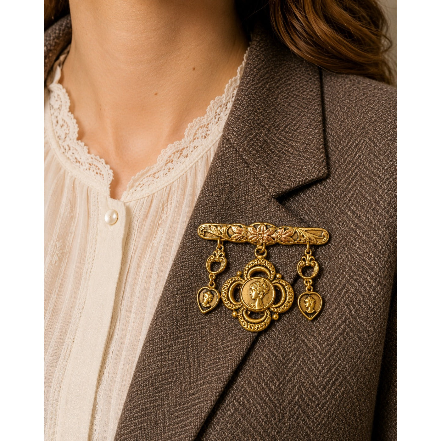 Vintage Cameo Dangle Brooch Gold Tone Floral Bar Pin Victorian Revival