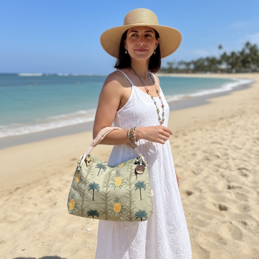 Paul Brent Pineapple Palm Tree Shoulder Bag Tote Y2K Tropical Print Canvas Purse