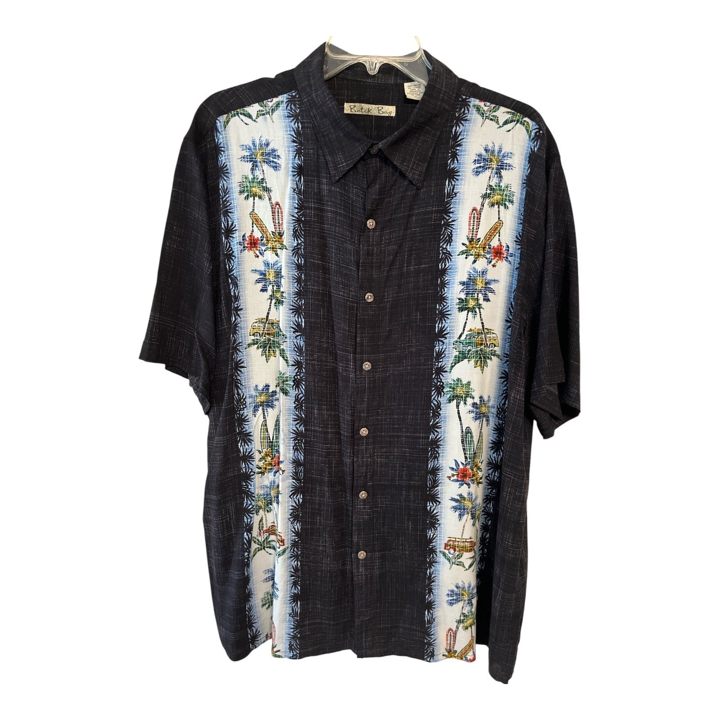 Batik Bay Men's XL Hawaiian Shirt – Black Rayon with Surfboards & Palms – Made in Indonesia