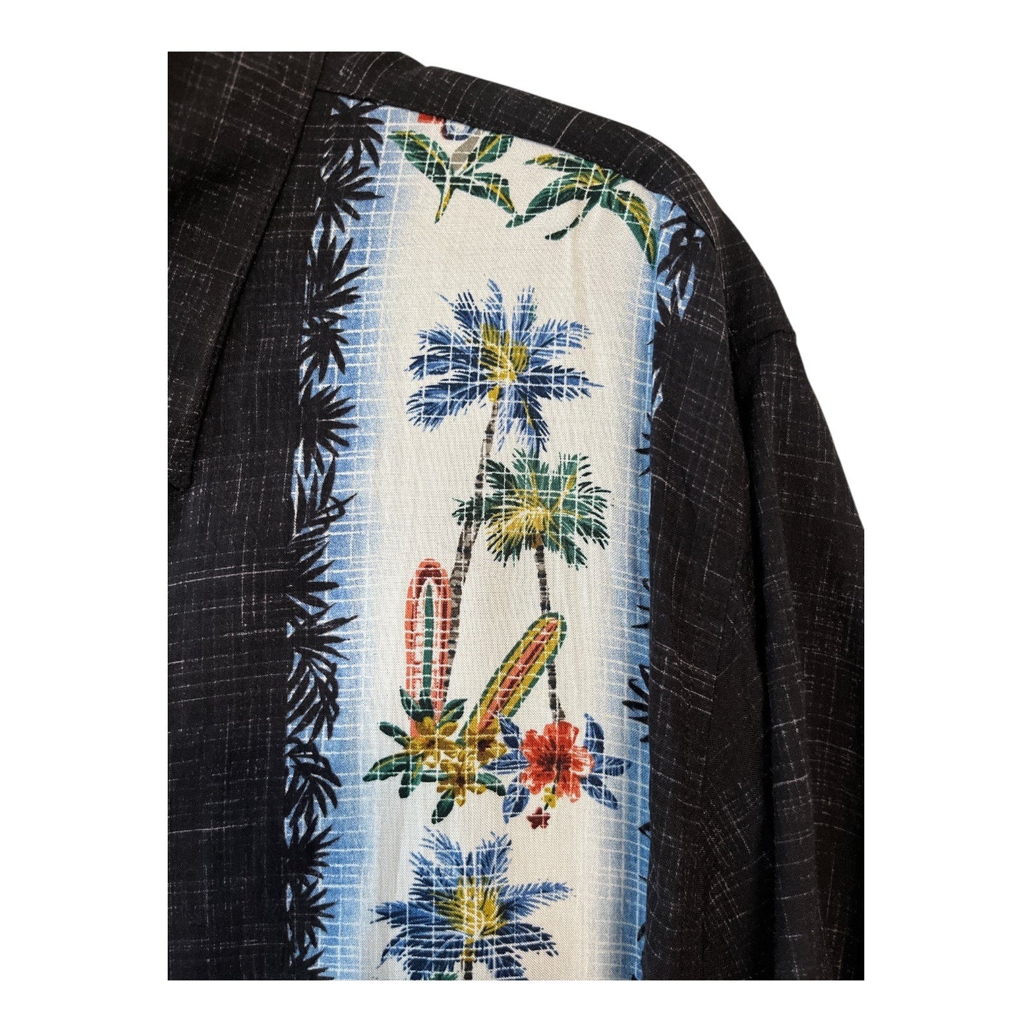 Batik Bay Men's XL Hawaiian Shirt – Black Rayon with Surfboards & Palms – Made in Indonesia