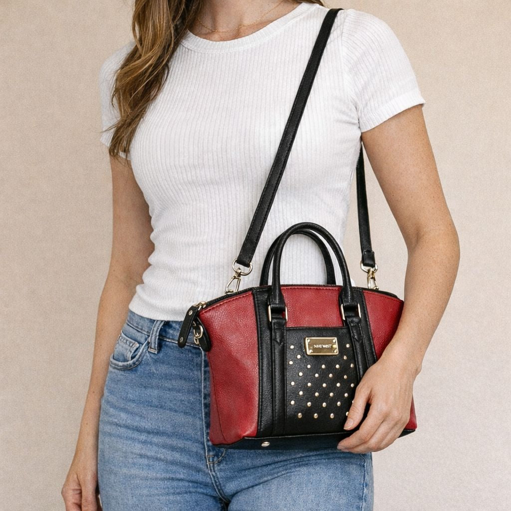 Nine West Studded Red Black Satchel Crossbody Convertible Handbag