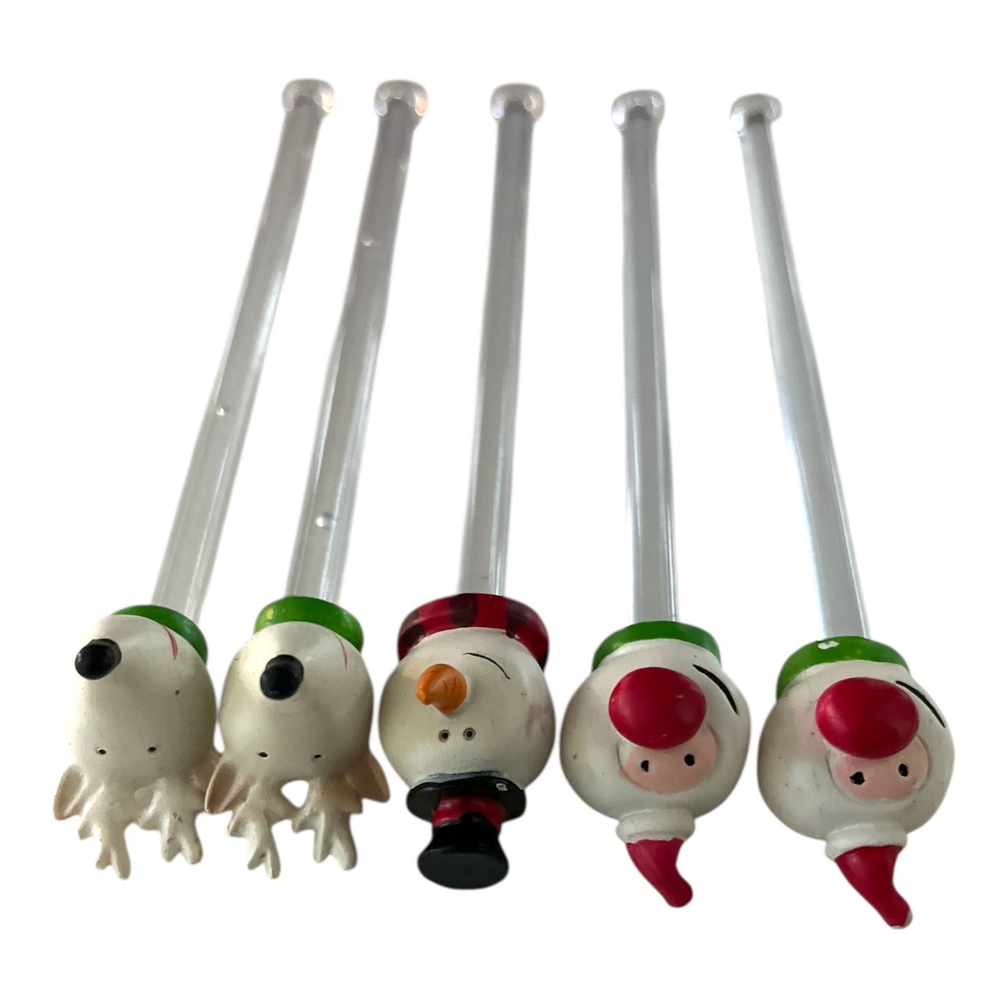 Vintage Christmas Drink Stirrers Set of 5 Snowman Santa Reindeer Holiday Barware