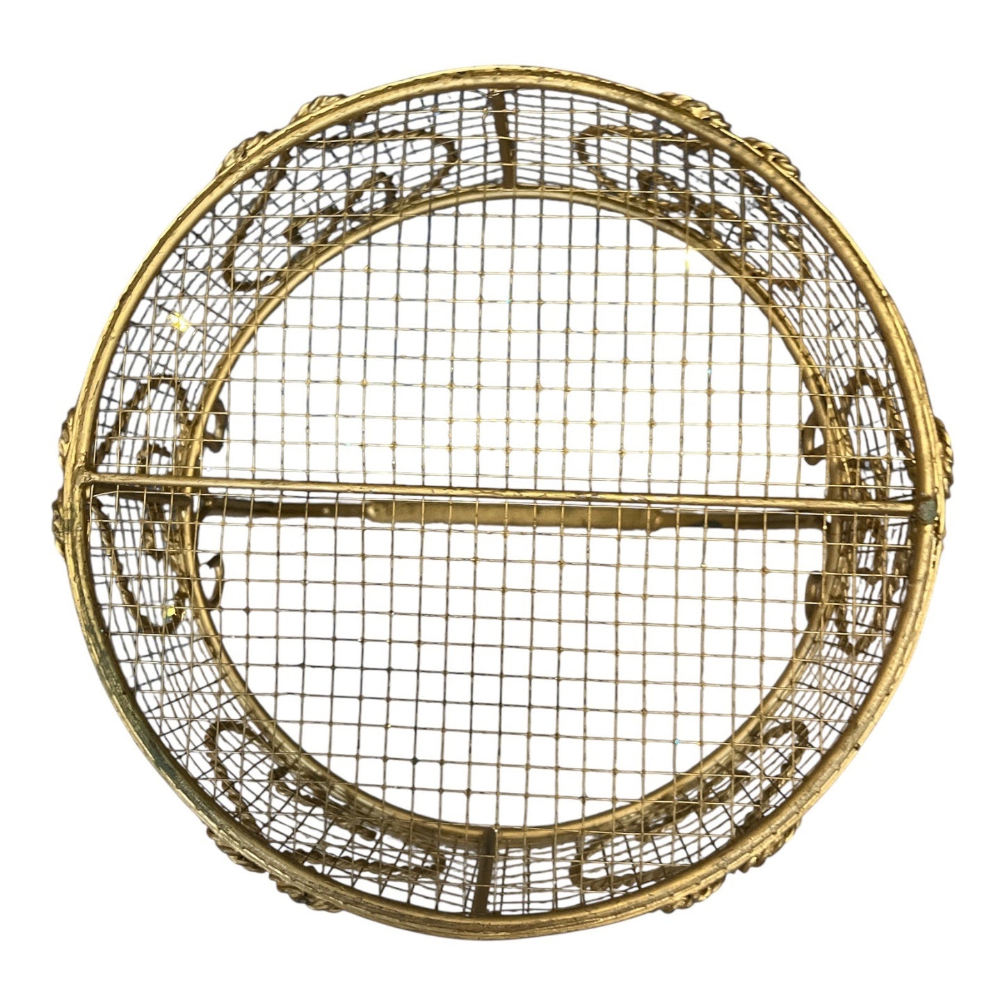 Vintage Gold Wire Basket with Handle – Ornate Filigree Heart Design – Round Metal Mesh Display Basket