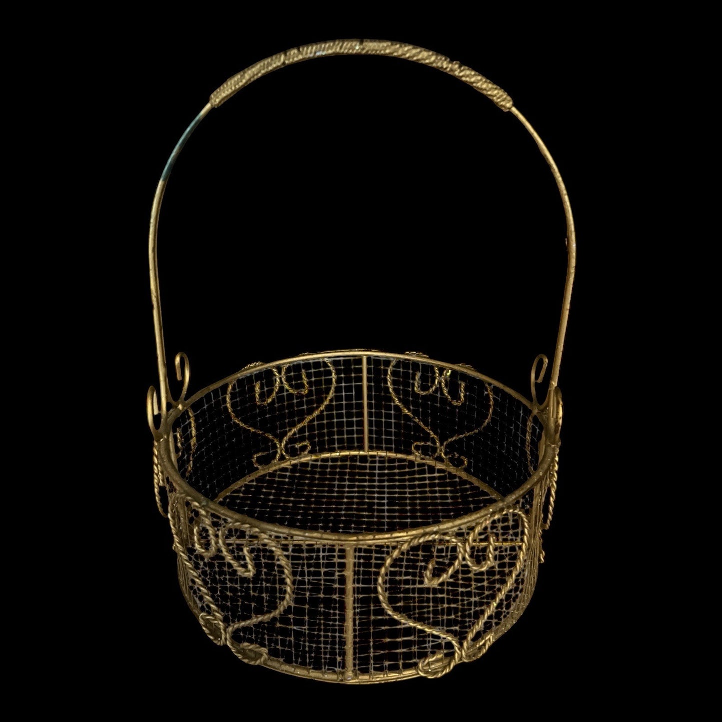 Vintage Gold Wire Basket with Handle – Ornate Filigree Heart Design – Round Metal Mesh Display Basket