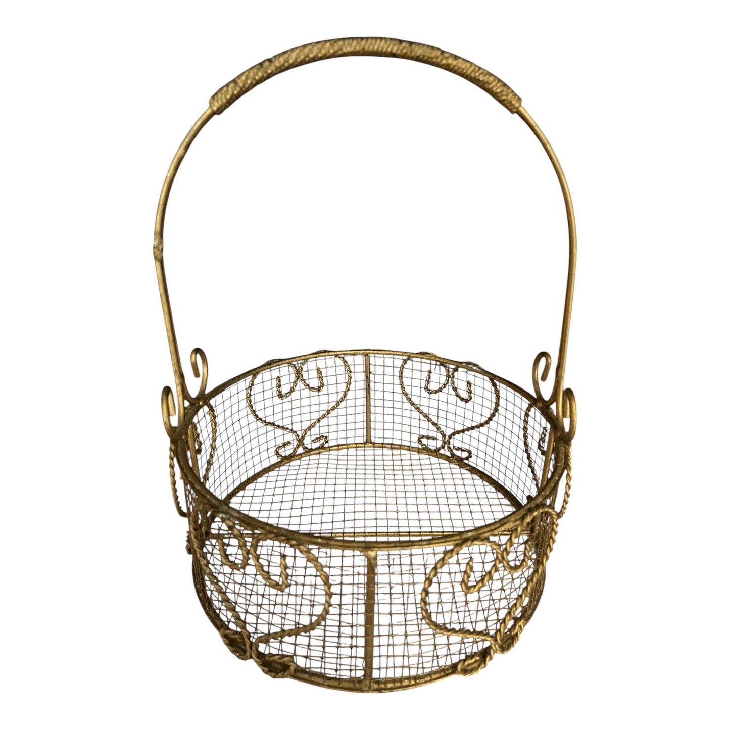 Vintage Gold Wire Basket with Handle – Ornate Filigree Heart Design – Round Metal Mesh Display Basket