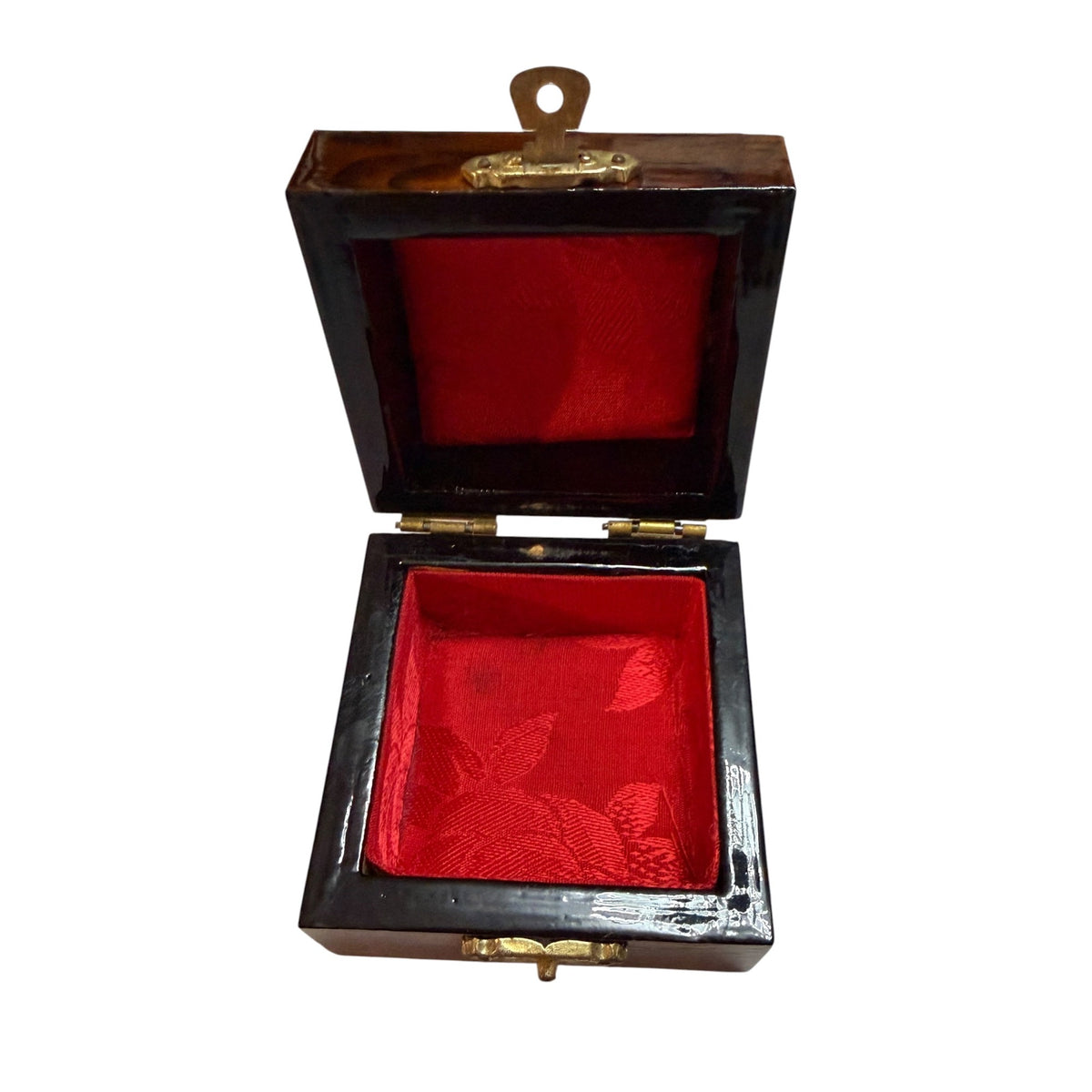 Vintage Lacquered Wood Classical Art Jewelry Trinket Box Red Satin Lined