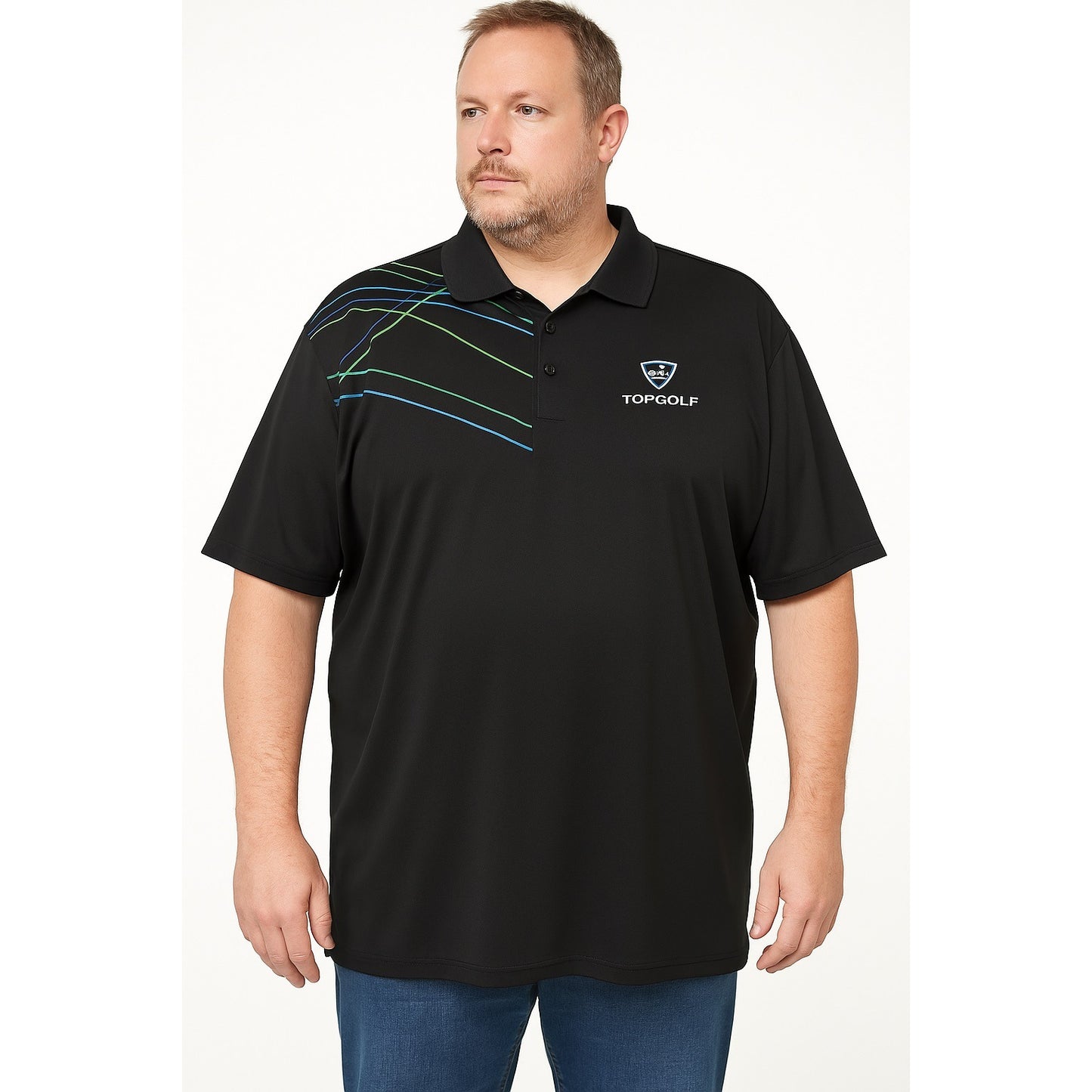 Topgolf Men’s 2XL Black Polo Shirt – Geometric Stripe Design – Short Sleeve Performance Polyester