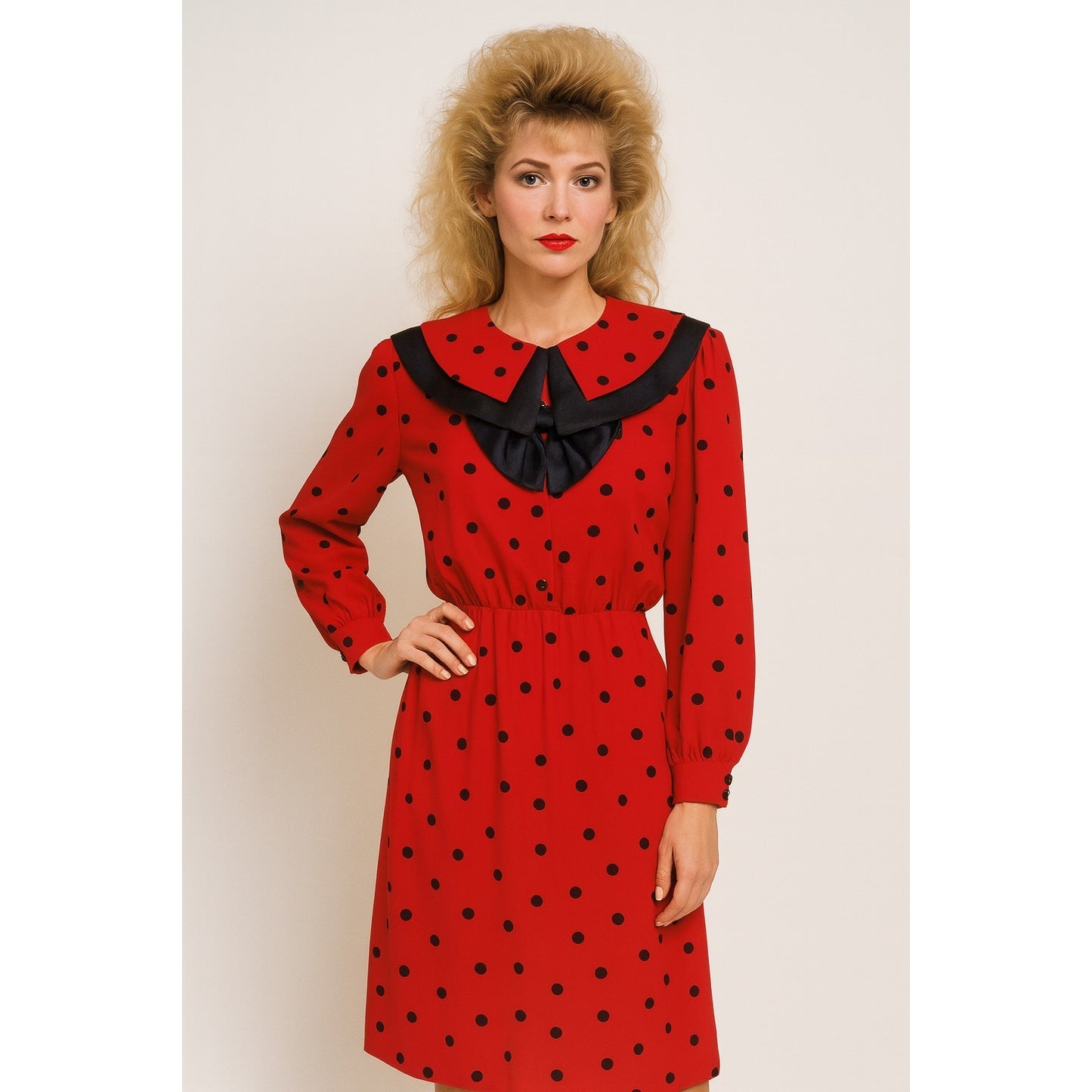Vintage Albert Nipon Red Polka Dot Dress with Black Satin Collar & Bow – Made in Japan, Size 2