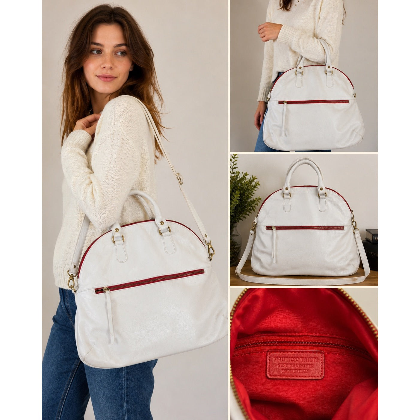 Mauricio Taiuti Italian Leather Convertible Satchel Shoulder Bag White Red Made Italy