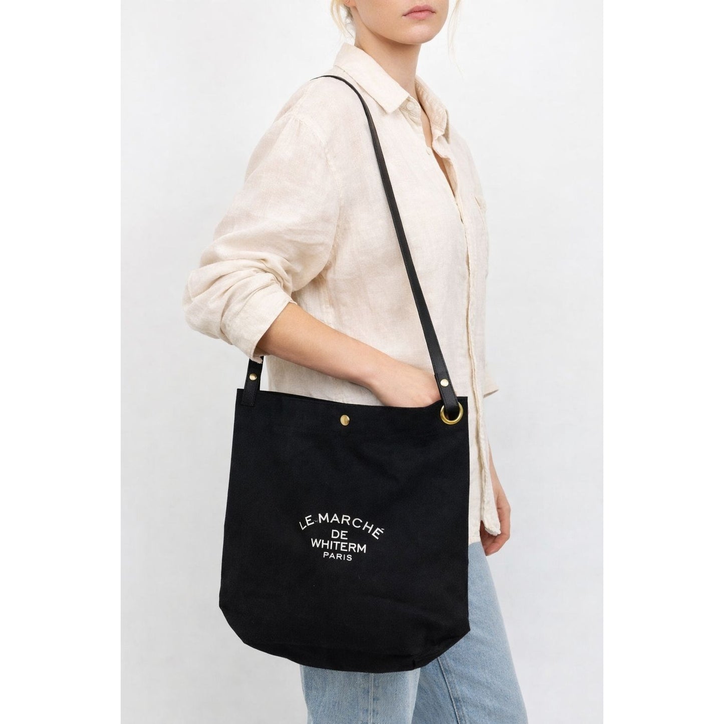 Le Marché de Whiterm Paris Canvas Shoulder Bag Black Tote Market Bag Long Strap