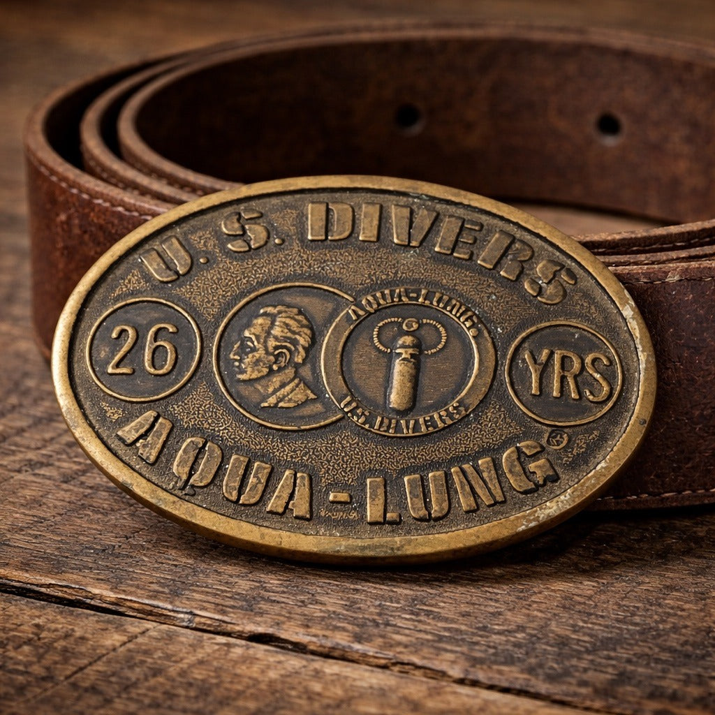 Vintage U.S. Divers Aqua-Lung Solid Brass Belt Buckle 26 Years Santa Ana CA Scuba