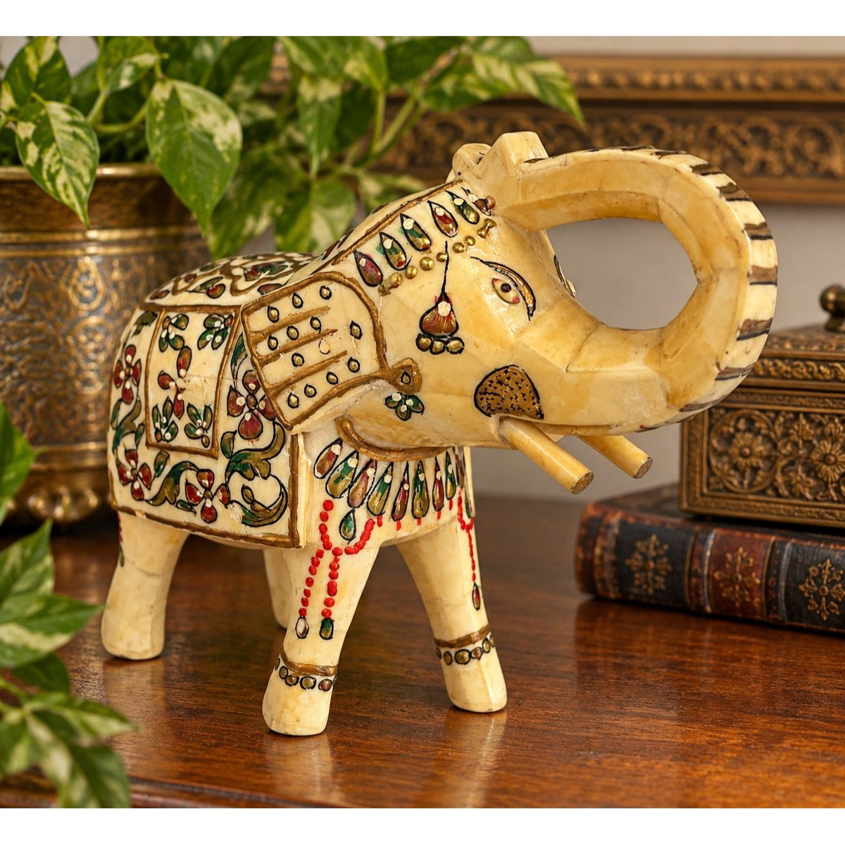 Vintage Hand Painted Indian Elephant Figurine Floral Mosaic 7 Inch