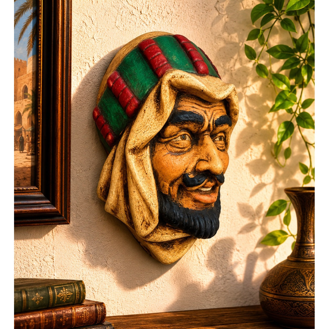 Vintage 1976 Benel Studios Hand Painted Middle Eastern Wall Mask Plaque B.F. Lynch