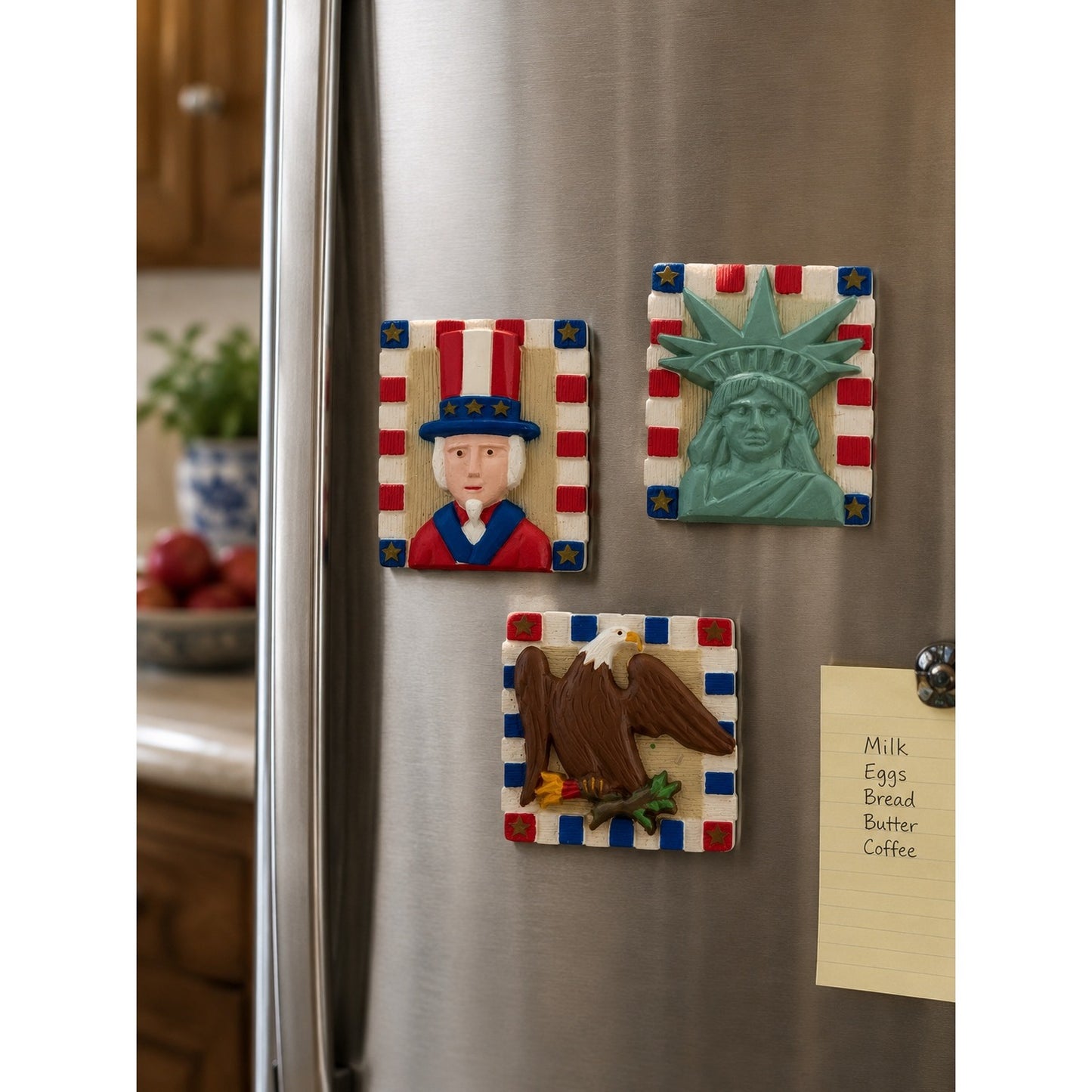 Vintage Patriotic Refrigerator Magnet Set Uncle Sam Statue of Liberty Bald Eagle USA Lot of 3