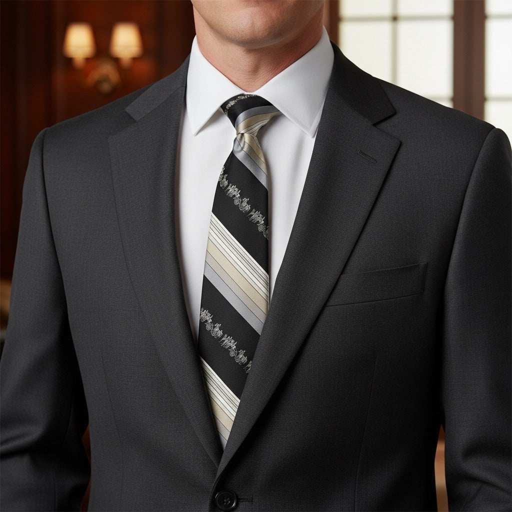 Vintage Y2K Oleg Cassini Black Silk Necktie Striped Crest Design