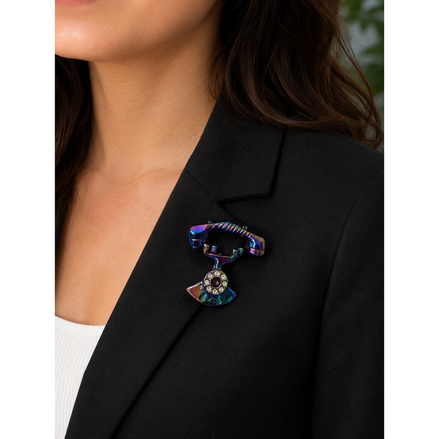 Vintage Iridescent Telephone Brooch Rhinestone Rotary Phone Pin Retro Jewelry