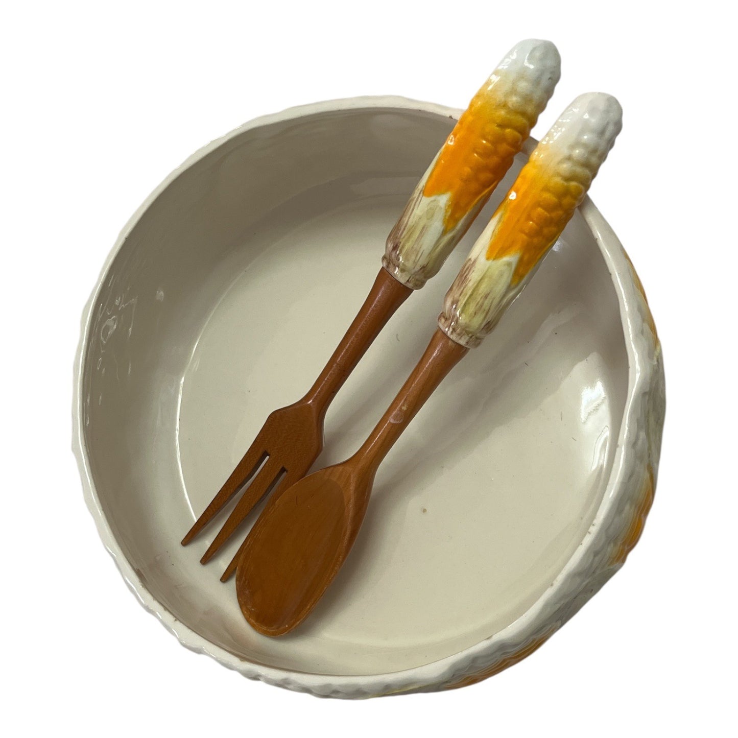 Vtg Neiman Marcus Italian Hand-Painted Corn Salad Bowl with Servers – 9” Ceramic