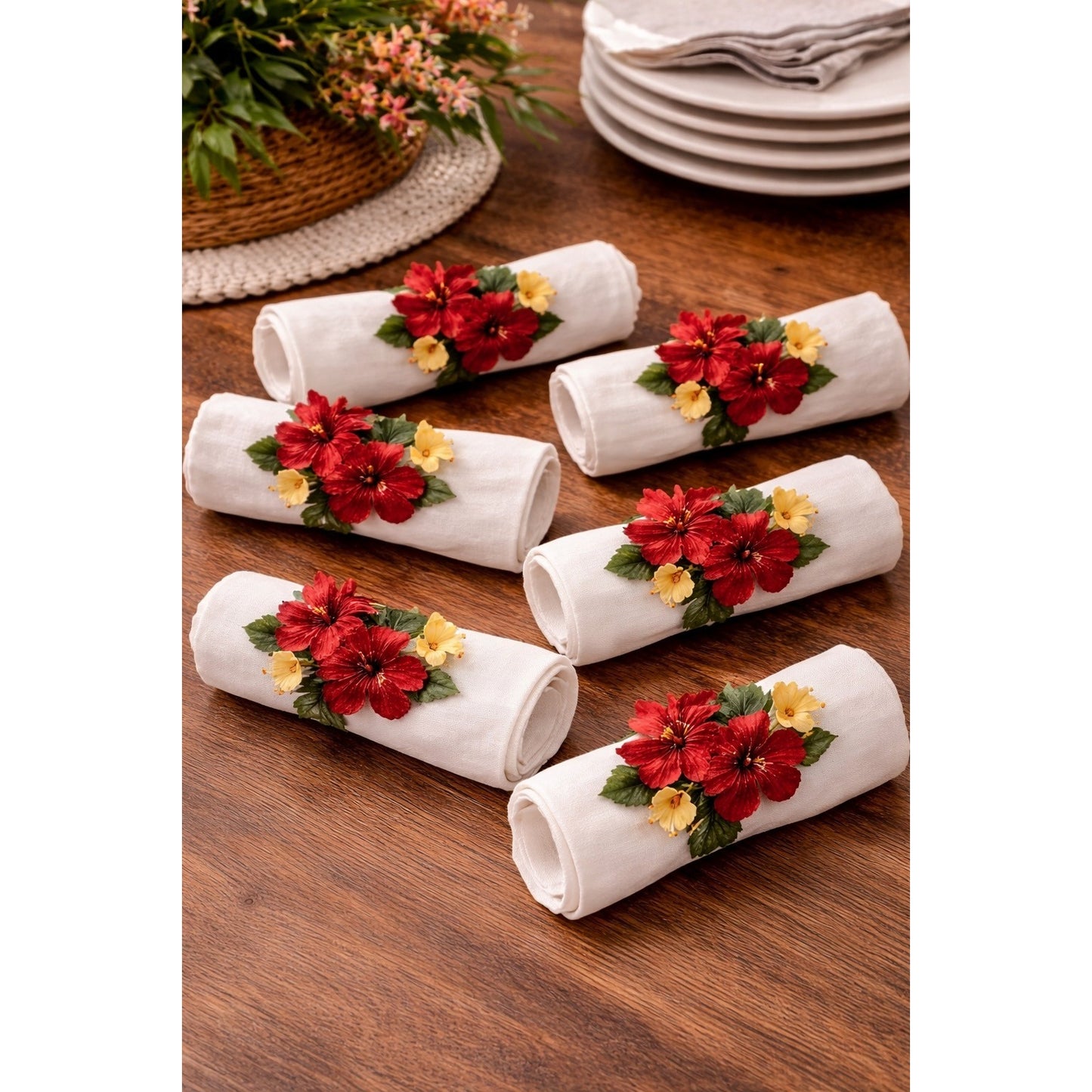 Set 6 Hibiscus Floral Napkin Rings Tropical Red Yellow Table Decor Bermuda