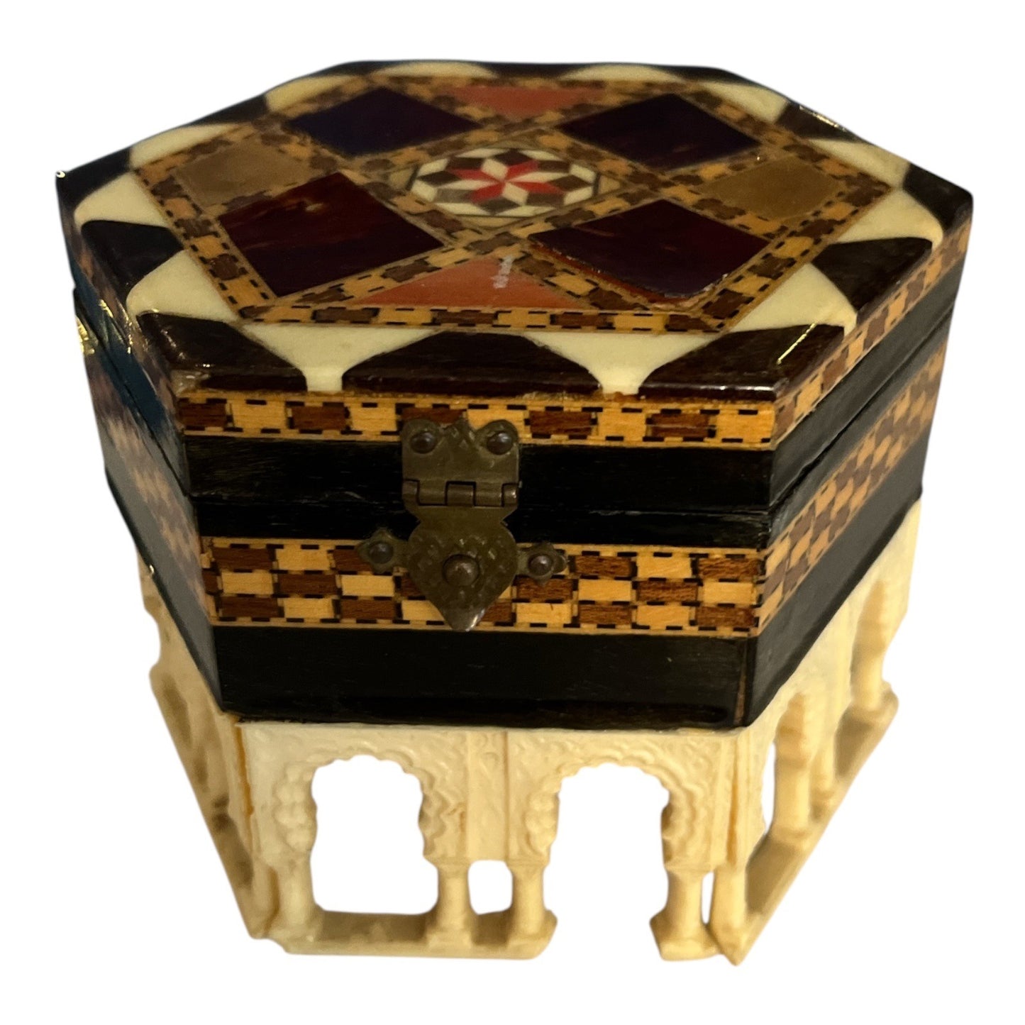 Vintage Octagonal Mosaic Inlay Jewelry Box with Moorish Arches – Red Velvet Interior – Handcrafted Middle Eastern Trinket Box