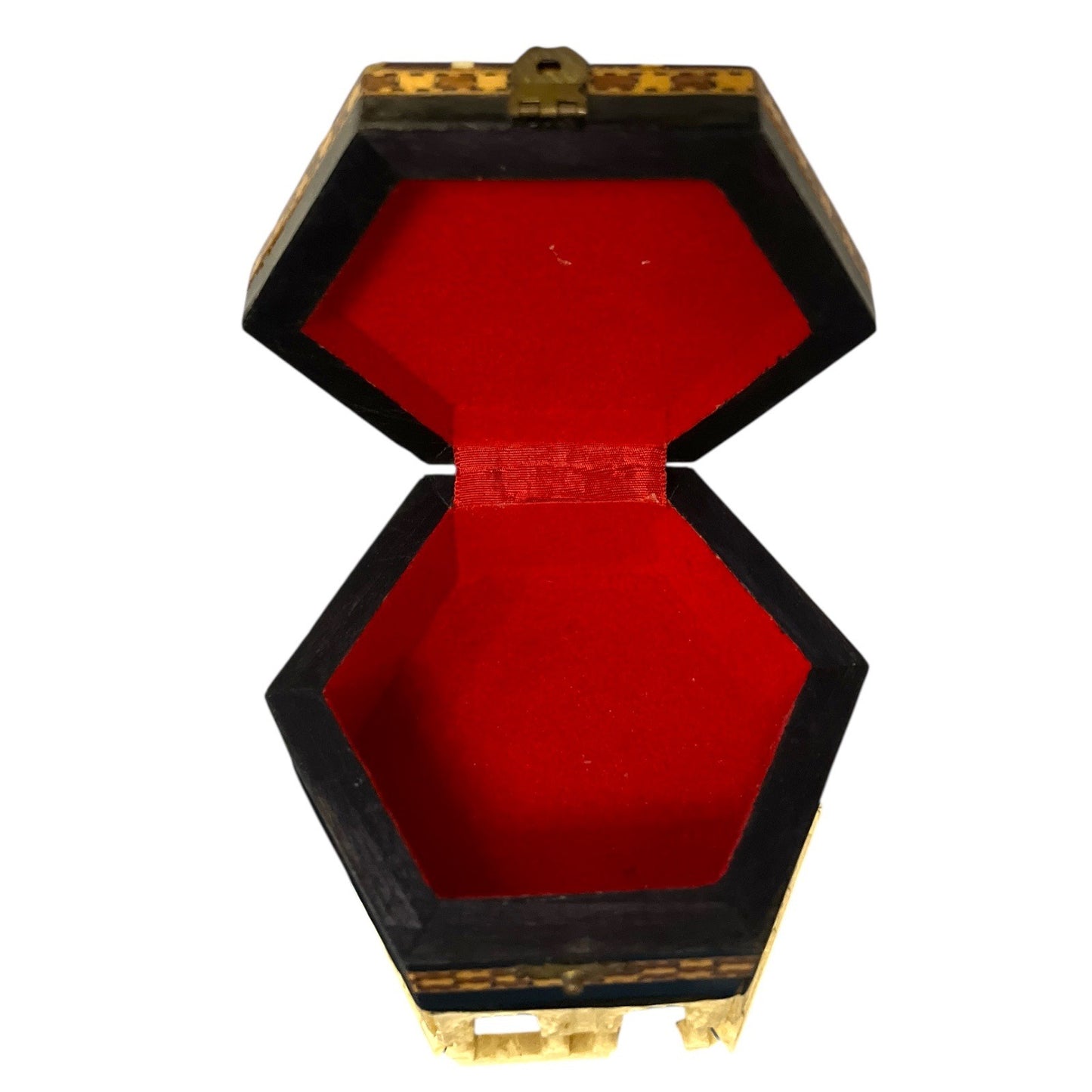 Vintage Octagonal Mosaic Inlay Jewelry Box with Moorish Arches – Red Velvet Interior – Handcrafted Middle Eastern Trinket Box