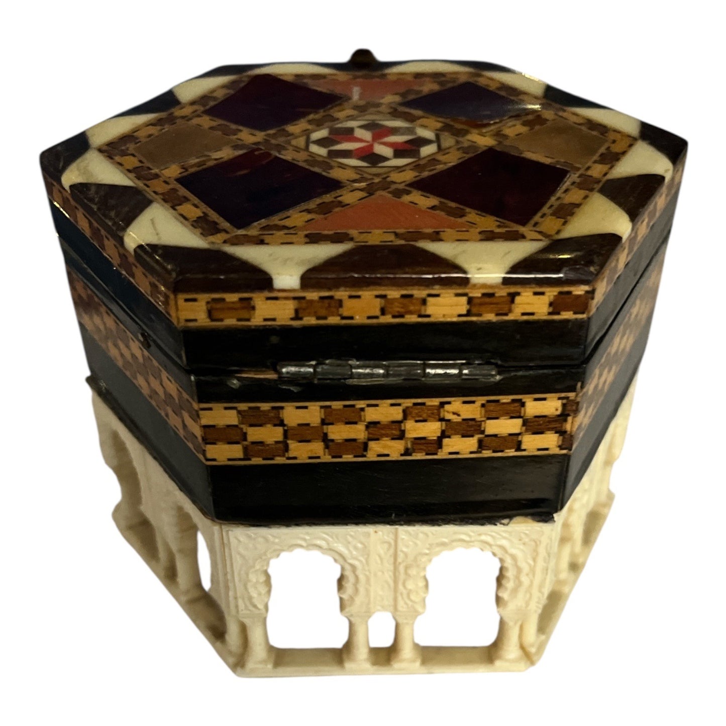 Vintage Octagonal Mosaic Inlay Jewelry Box with Moorish Arches – Red Velvet Interior – Handcrafted Middle Eastern Trinket Box