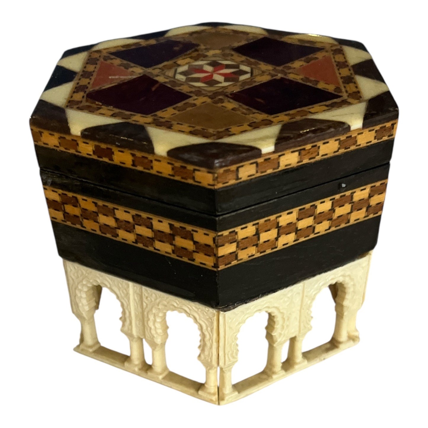 Vintage Octagonal Mosaic Inlay Jewelry Box with Moorish Arches – Red Velvet Interior – Handcrafted Middle Eastern Trinket Box