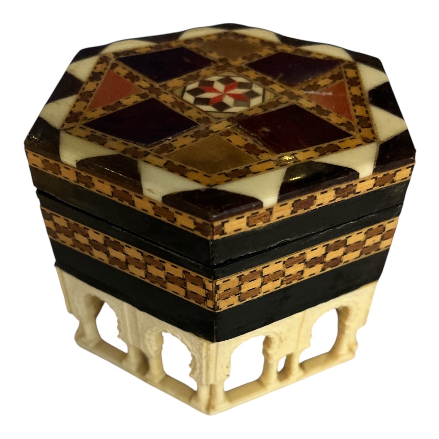 Vintage Octagonal Mosaic Inlay Jewelry Box with Moorish Arches – Red Velvet Interior – Handcrafted Middle Eastern Trinket Box