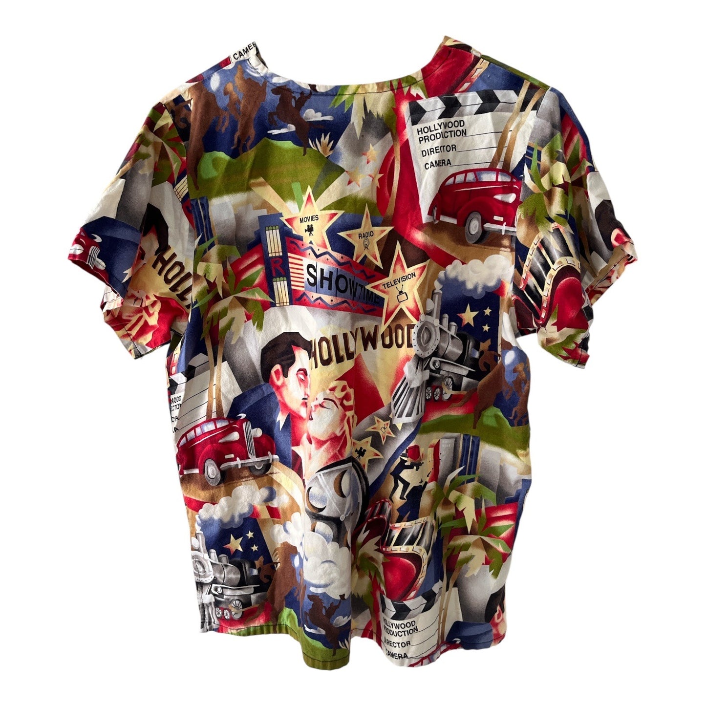 Set of 3 Women’s Size M Scrub Tops – Pink Camo, Hollywood Retro, and Floral Butterfly Prints