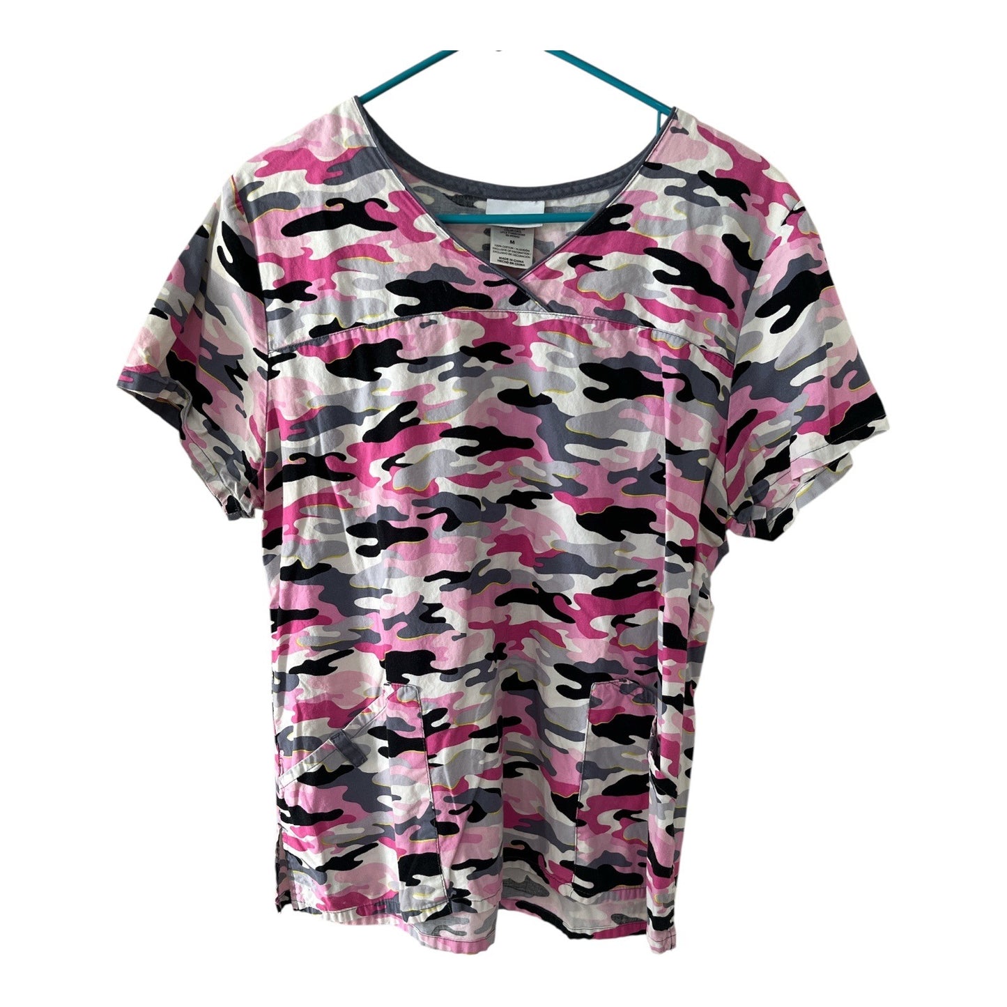 Set of 3 Women’s Size M Scrub Tops – Pink Camo, Hollywood Retro, and Floral Butterfly Prints