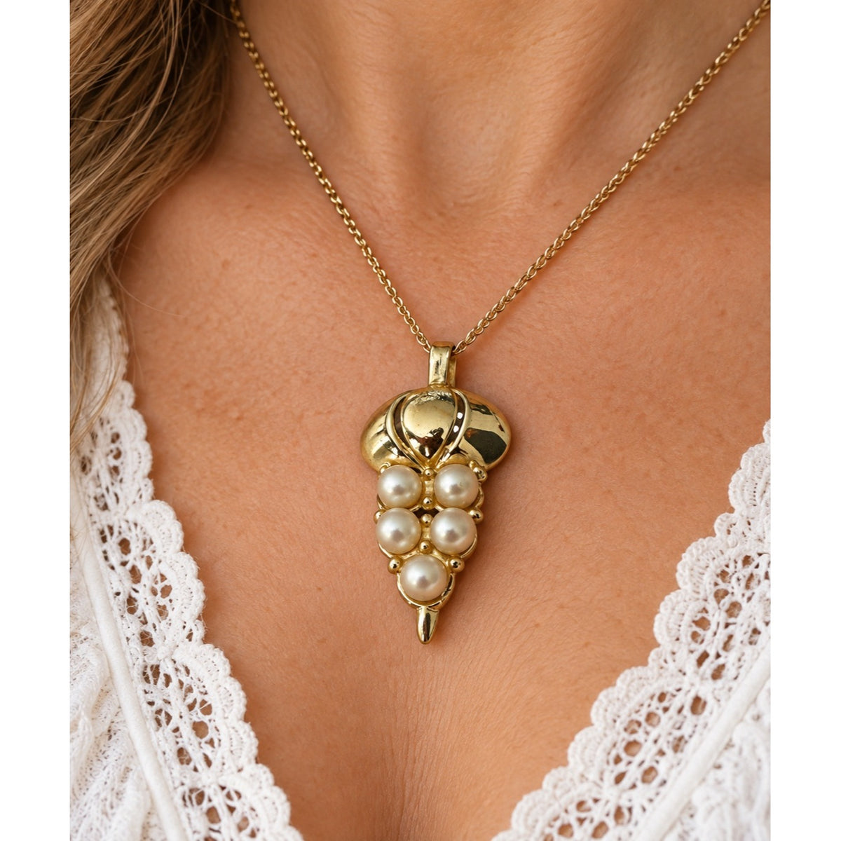 Vintage Gold Tone Faux Pearl Grape Cluster Pendant 1.5"