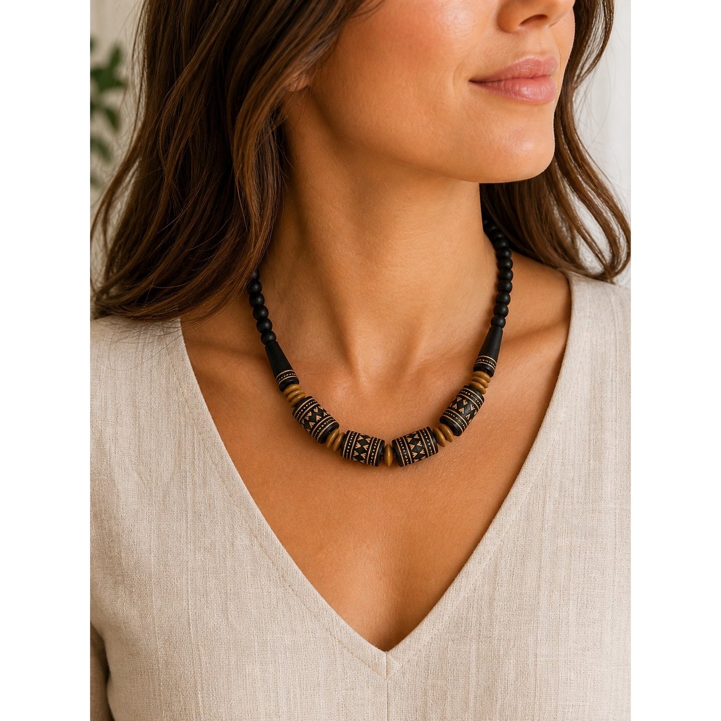 Vintage Tribal Style Beaded Necklace 18” Black Matte Beads Carved Bone Geometric Design