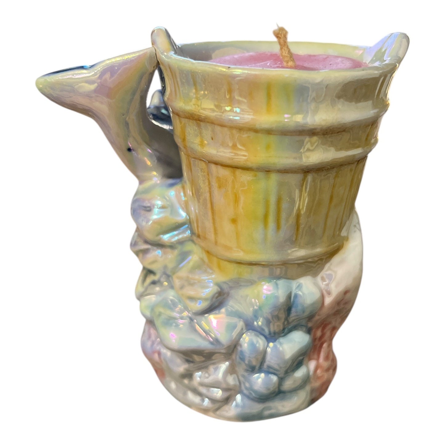 Vintage Iridescent Dolphin Candle Holder with Pink Wax – Ceramic Barrel Ocean Scene