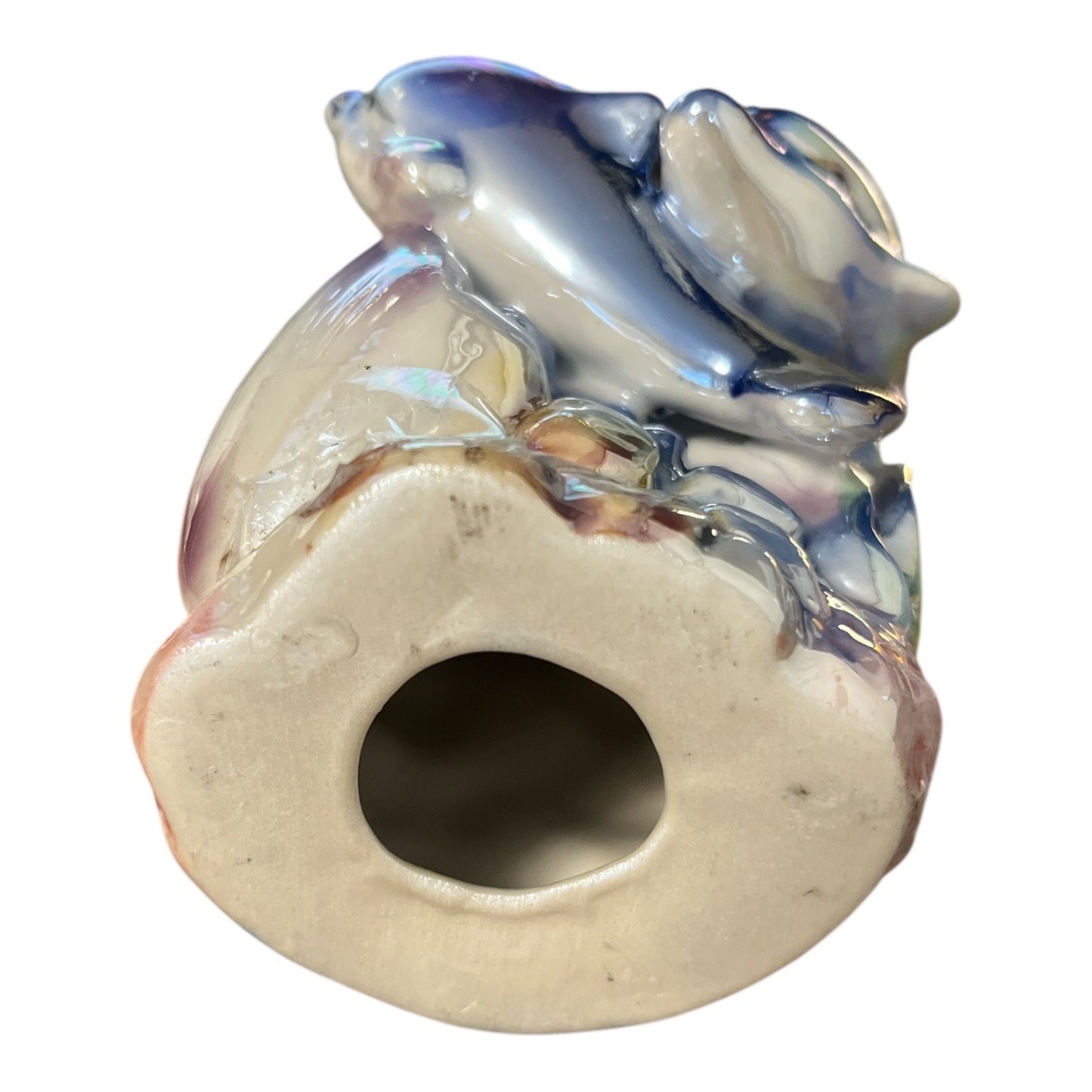 Vintage Iridescent Dolphin Candle Holder with Pink Wax – Ceramic Barrel Ocean Scene