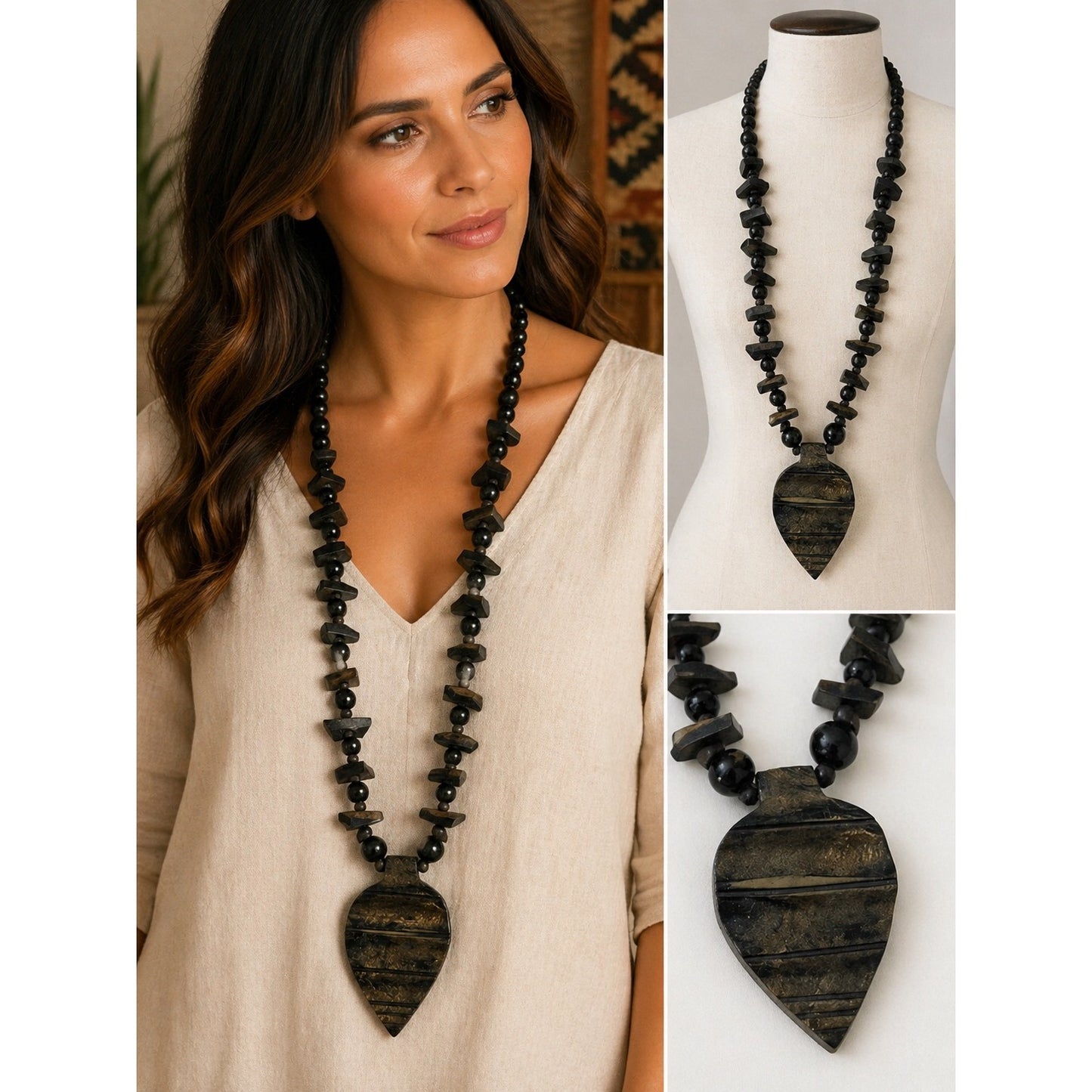 Vintage Wood Statement Necklace Large Pendant Tribal Boho Chunky Beaded Jewelry