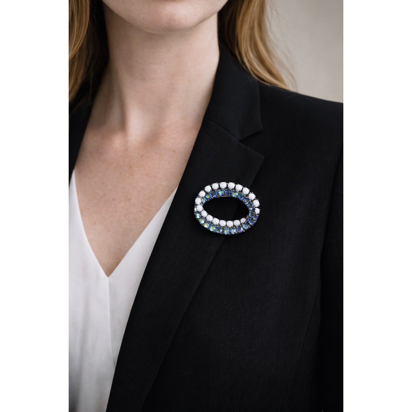 Vintage Oval Rhinestone Brooch Blue Aurora Borealis White Milk Glass Pin
