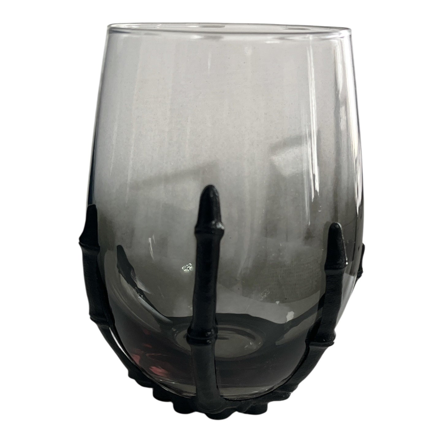 Set of 3 Smoke Gray Glasses with Black Skeleton Hand Holders Gothic Halloween Barware