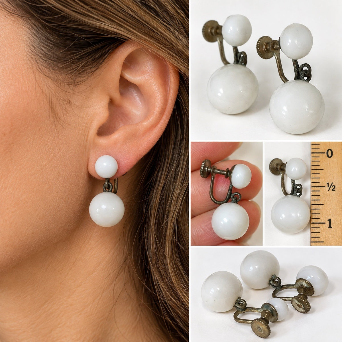 Vintage White Double Ball Drop Screw Back Earrings Mid Century Milk Glass Look 1 Inch