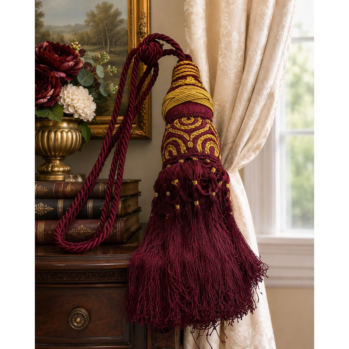 Vintage Extra Large Burgundy Gold Passementerie Curtain Tieback Tassel 45 Inch Heavy
