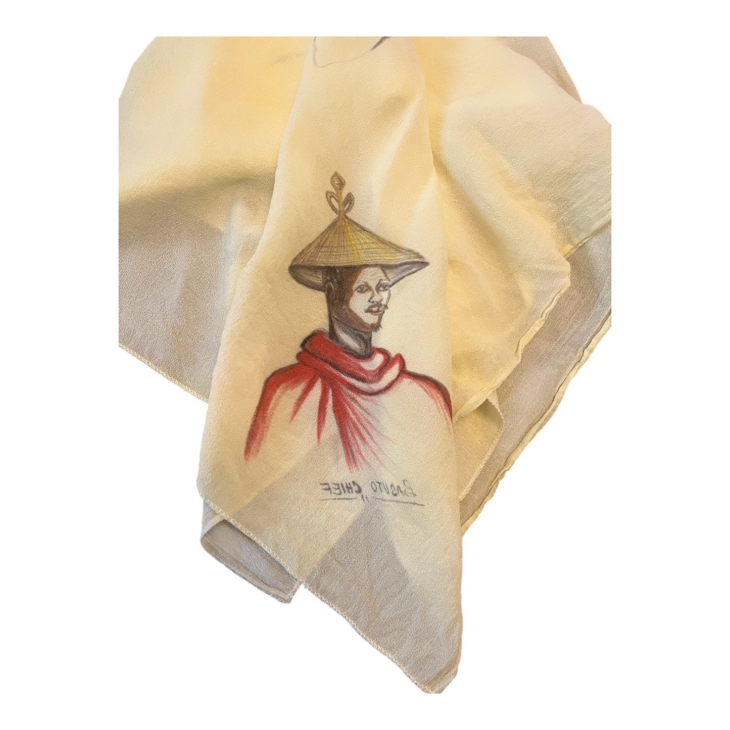 Vintage Hand-Painted Africa Map Scarf – 30" Square – Ethnic Portraits – Yellow Fabric – 1950s–60s
