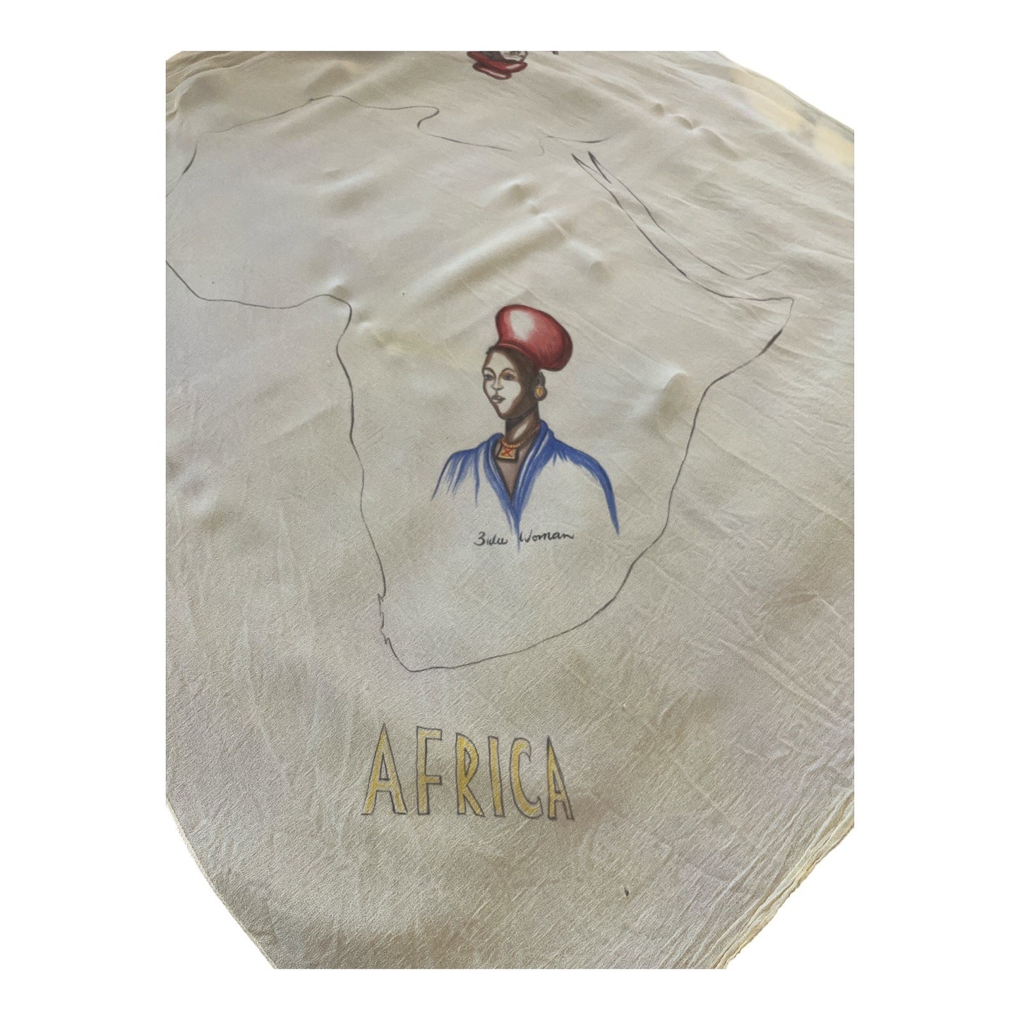 Vintage Hand-Painted Africa Map Scarf – 30" Square – Ethnic Portraits – Yellow Fabric – 1950s–60s