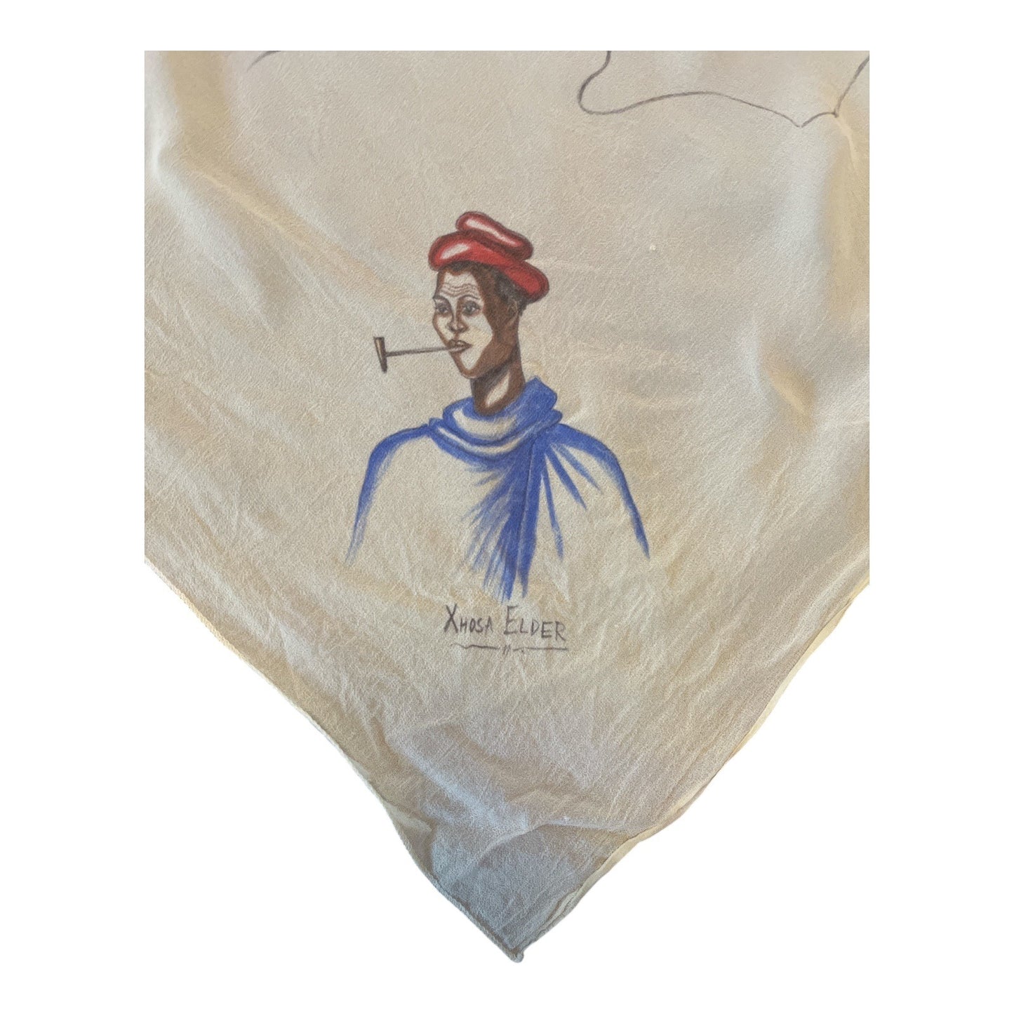 Vintage Hand-Painted Africa Map Scarf – 30" Square – Ethnic Portraits – Yellow Fabric – 1950s–60s