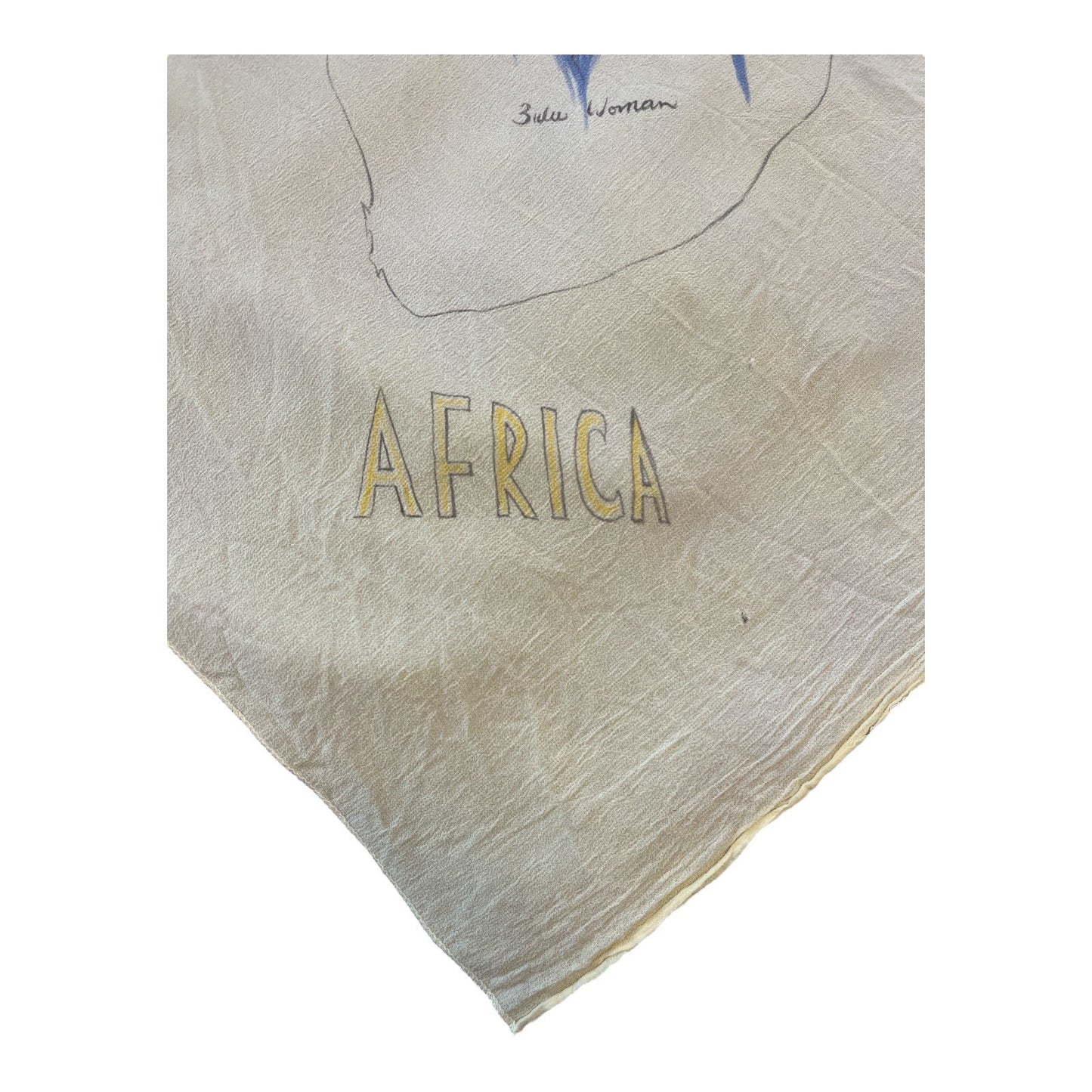 Vintage Hand-Painted Africa Map Scarf – 30" Square – Ethnic Portraits – Yellow Fabric – 1950s–60s