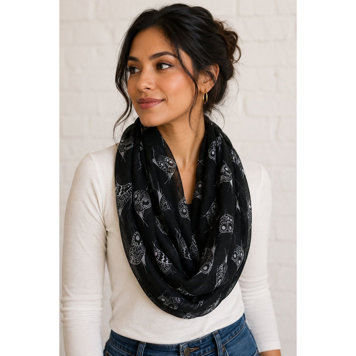 Copper Key Black White Owl Print Infinity Loop Scarf Lightweight Sheer One Size