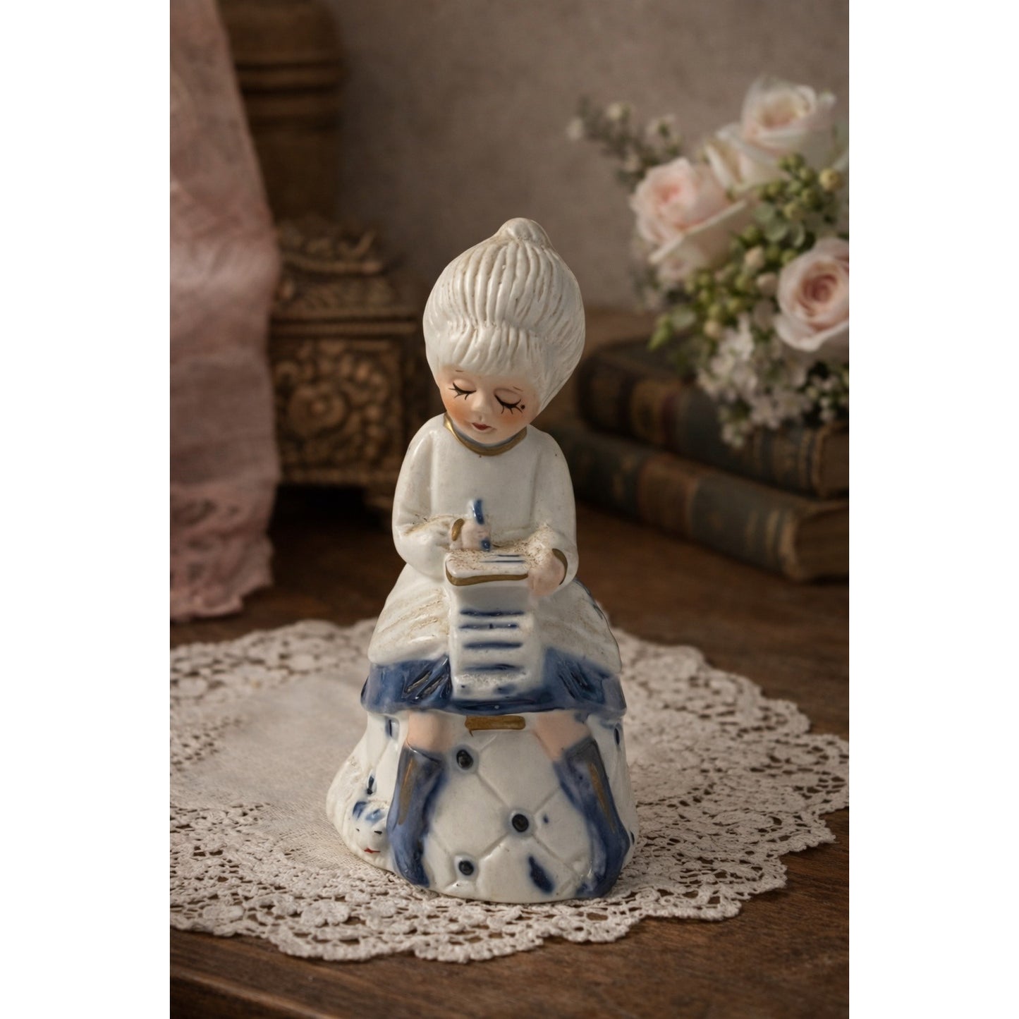 Vintage Jasco Porcelain Girl Bell Figurine Writing Letter Blue White Japan 4”