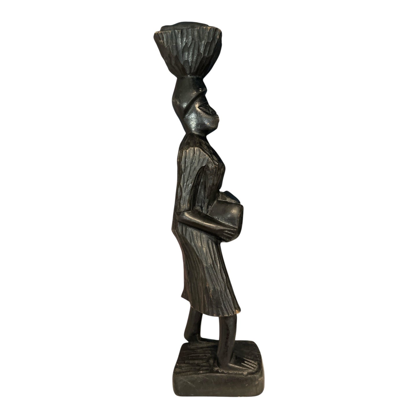 Vintage African Hand-Carved Wood Female Figure – 13.5" Tribal Woman Statue with Bowl