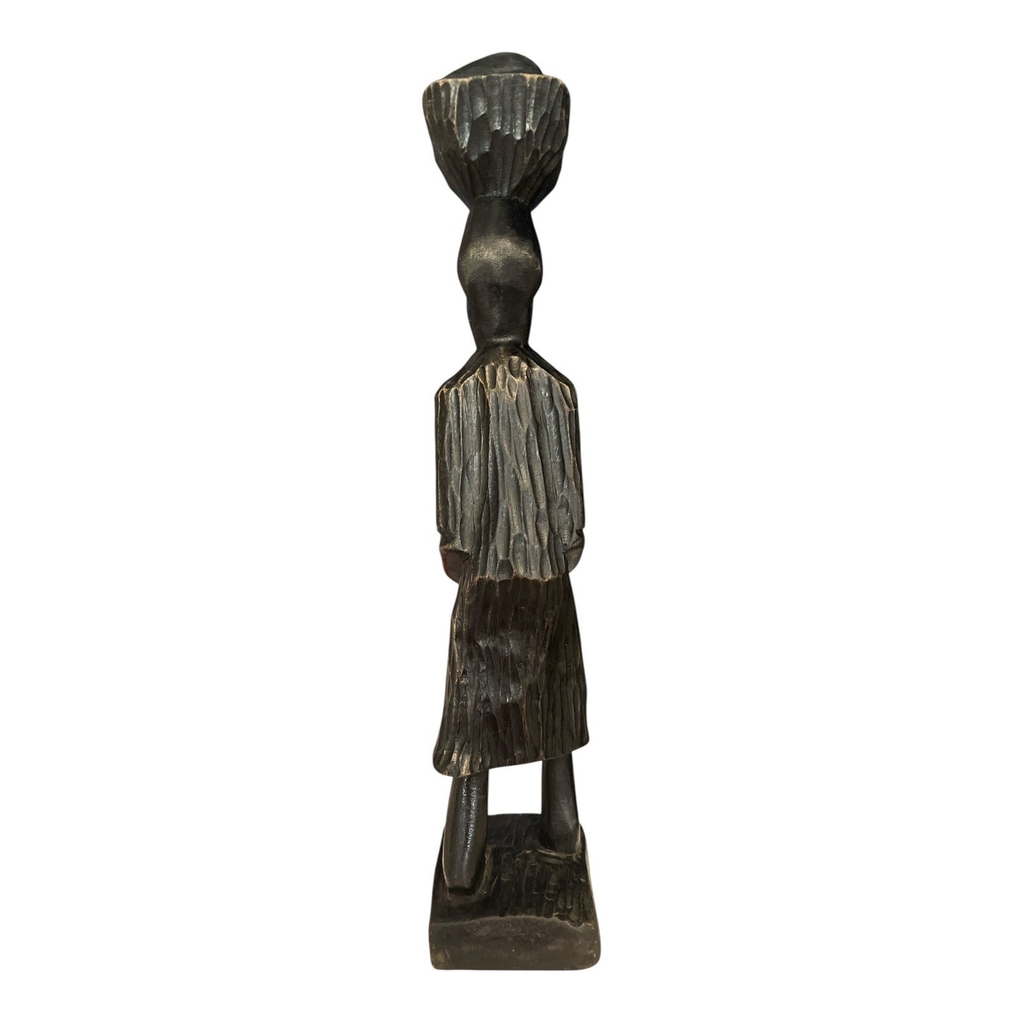 Vintage African Hand-Carved Wood Female Figure – 13.5" Tribal Woman Statue with Bowl